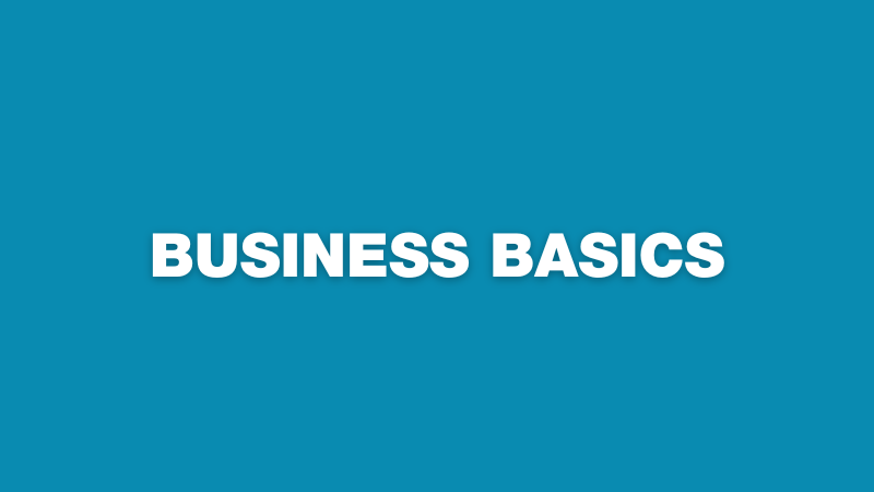 Blue background graphic with 'business basics' written on it in white